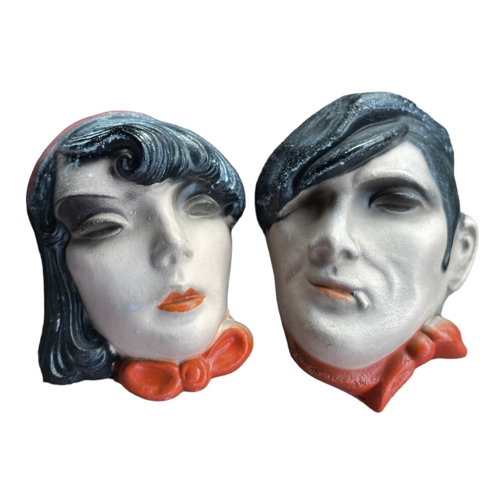 VTG Set Pair Spanish Flamenco Toreador Smoking Man Woman Wall Art Chalkware Head
